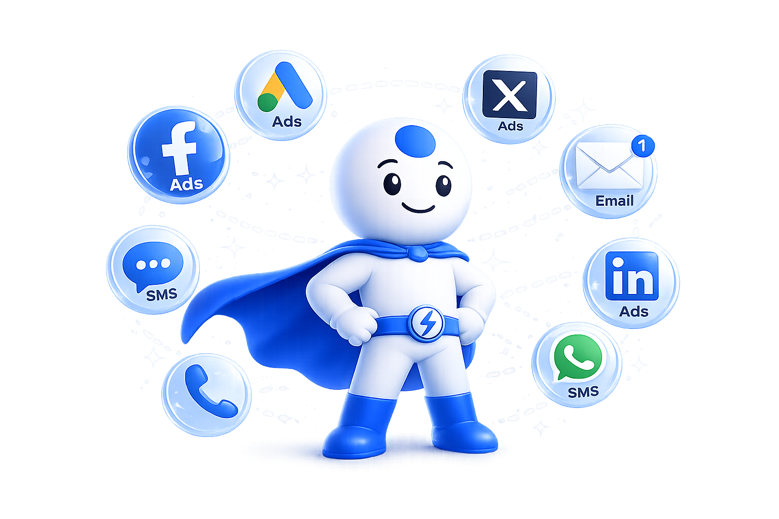 Autonix mascot connecting ads, email, SMS, and calls